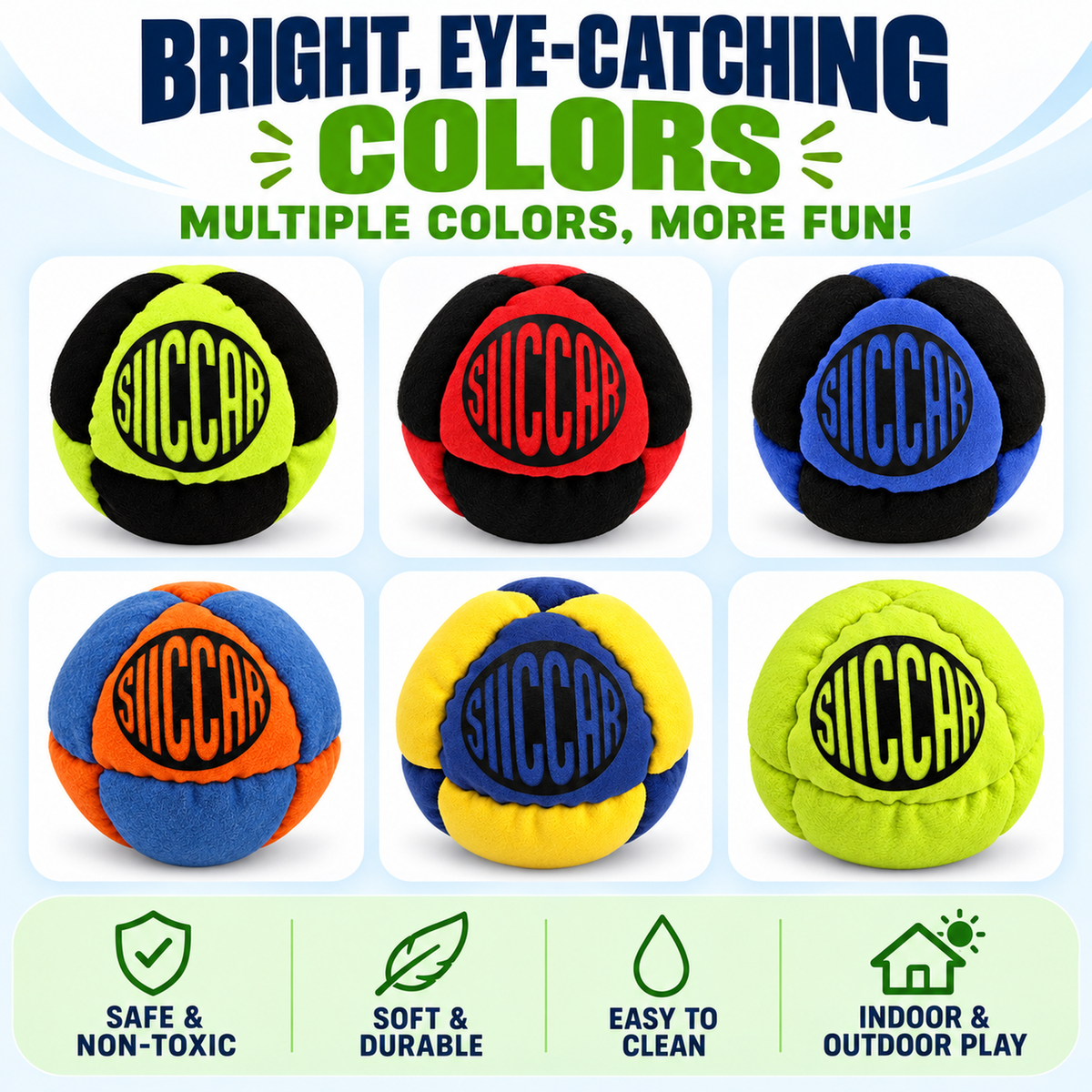 SIICCAR Hand-Sewn Footbag | 8 Panel Sand Filled |-Neon green + black